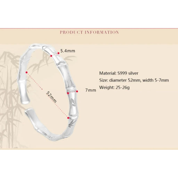 Bamboo 999 Pure Silver‎ Cuff Bracelet 52mm, Adjustable - Picture 6 of 11